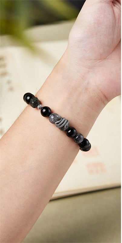 Obsidian silver snake bracelet